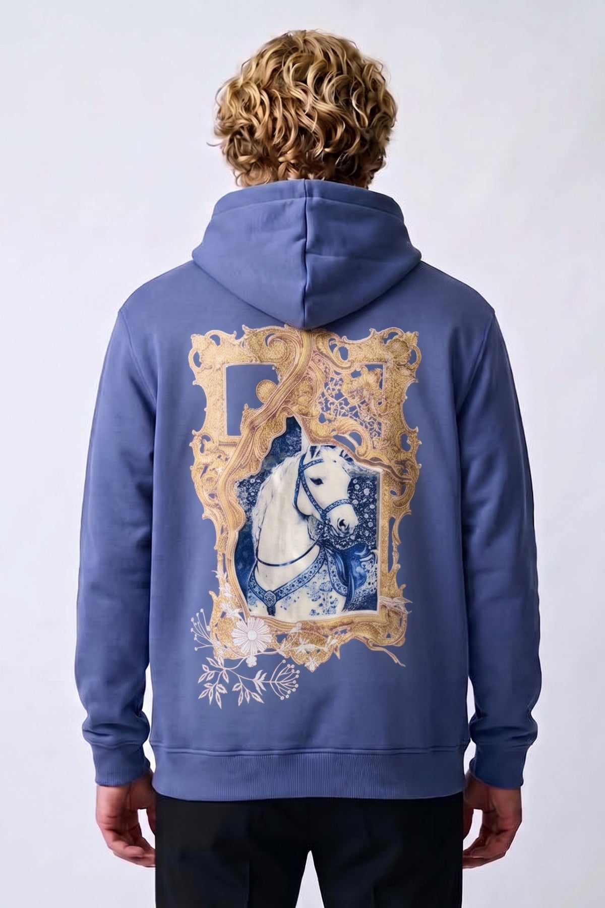 Atın Asaleti Erkek Nakış Kadife ve Kabartma Baskılı Şardonlu Kapüşonlu Sweatshirt - lacivert