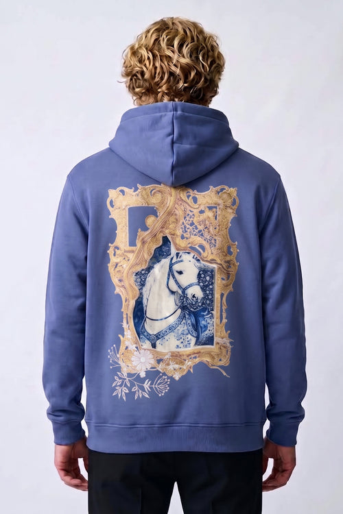 Atın Asaleti Erkek Nakış Kadife ve Kabartma Baskılı Şardonlu Kapüşonlu Sweatshirt - lacivert