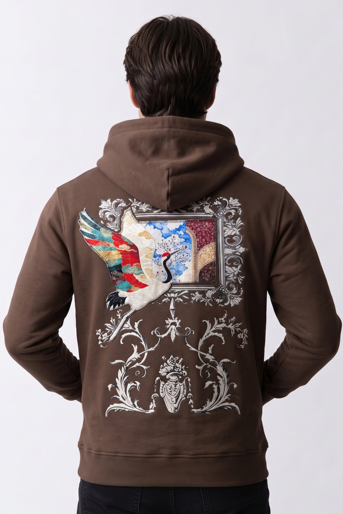 Nakış ve Kadife Baskılı Erkek Sweatshirt - kahverengi