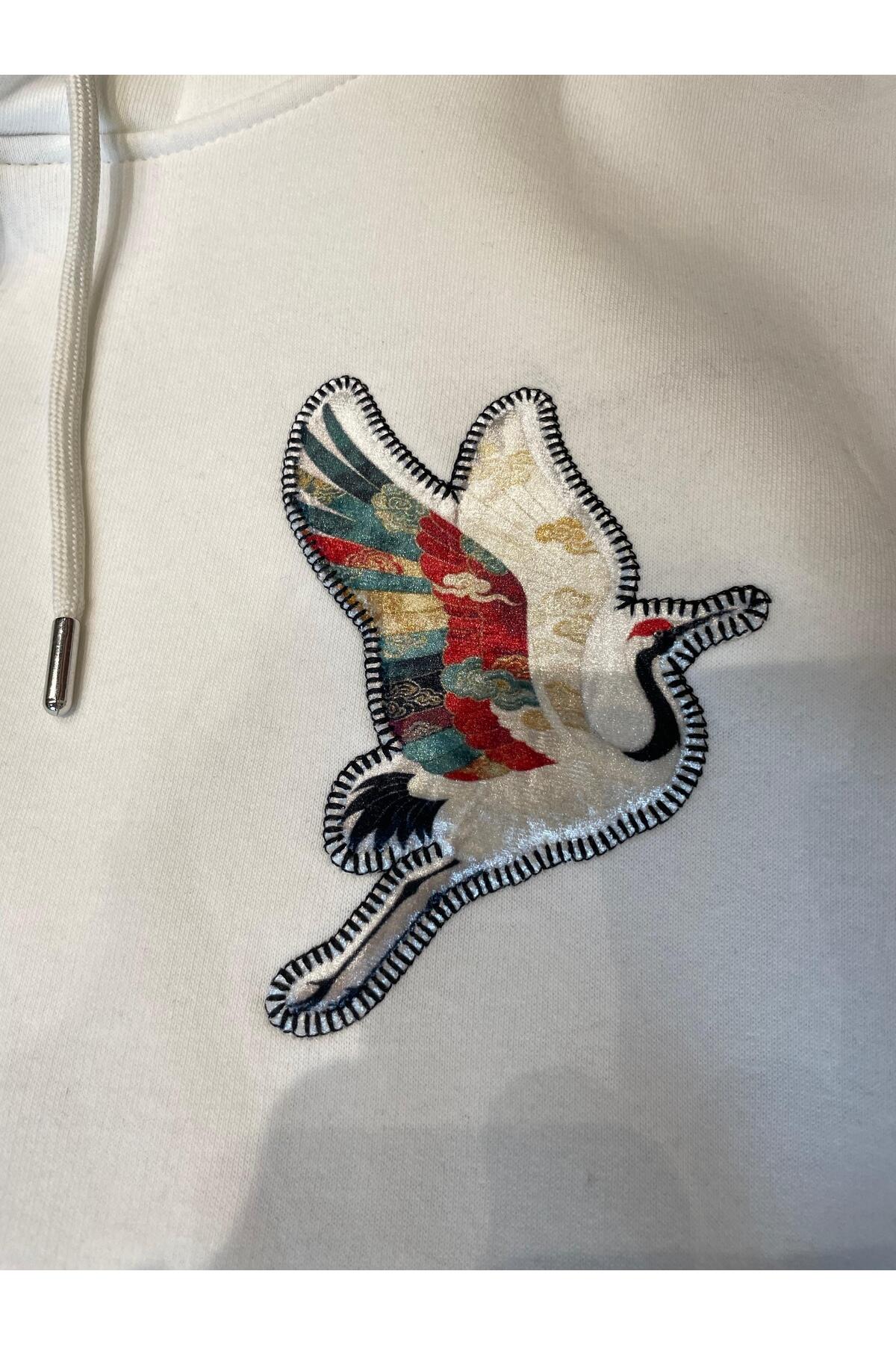 Nakış ve Kadife Baskılı Erkek Sweatshirt - beyaz
