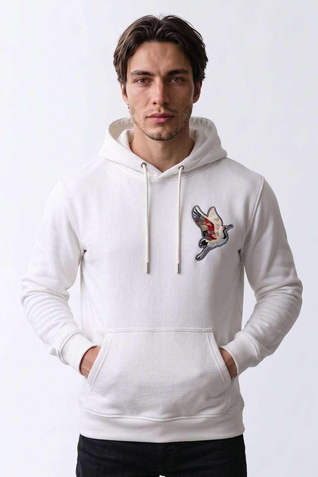 Nakış ve Kadife Baskılı Erkek Sweatshirt - beyaz