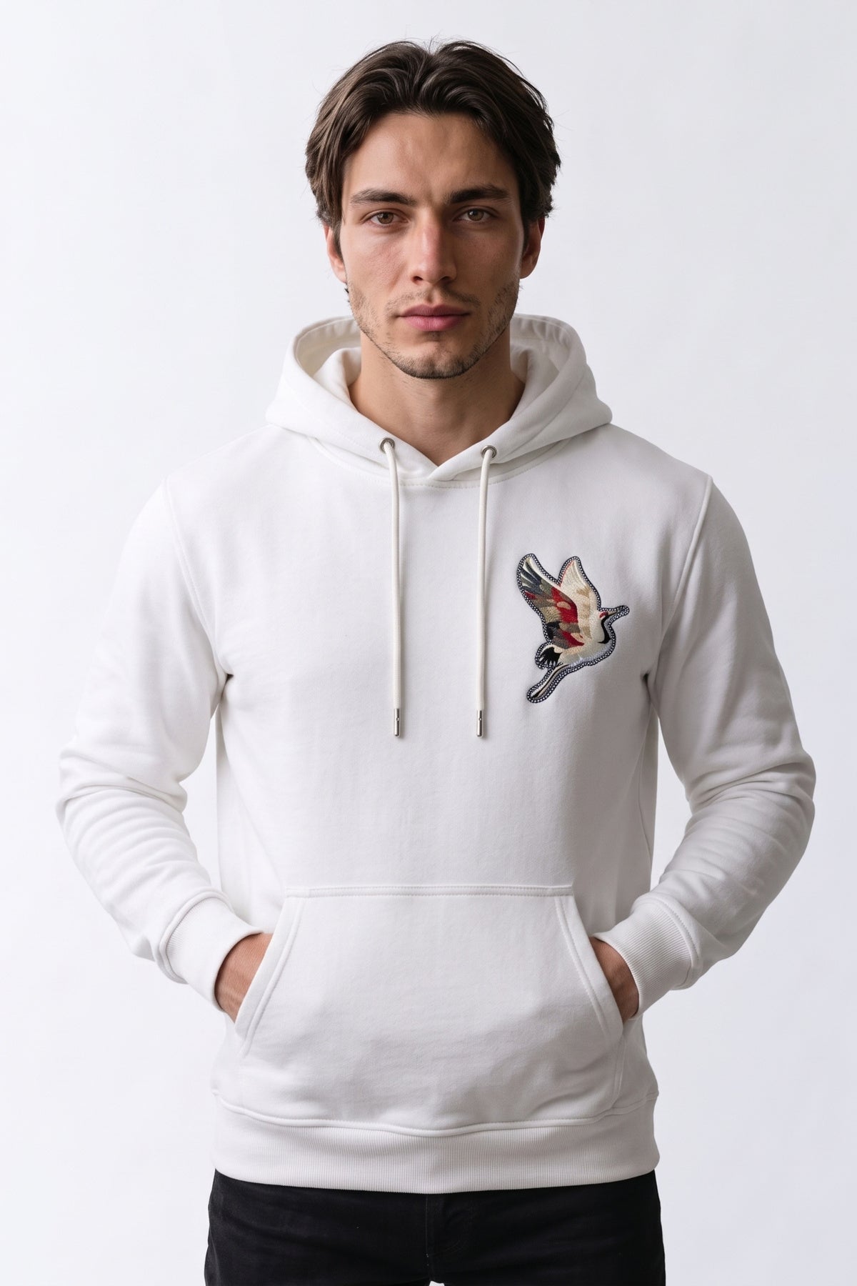 Nakış ve Kadife Baskılı Erkek Sweatshirt - beyaz