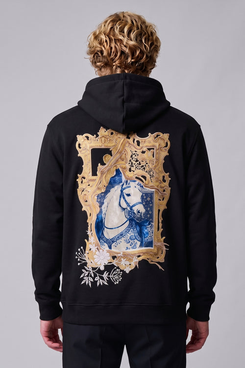 Atın Asaleti Erkek Nakış Kadife ve Kabartma Baskılı Şardonlu Kapüşonlu Sweatshirt - siyah