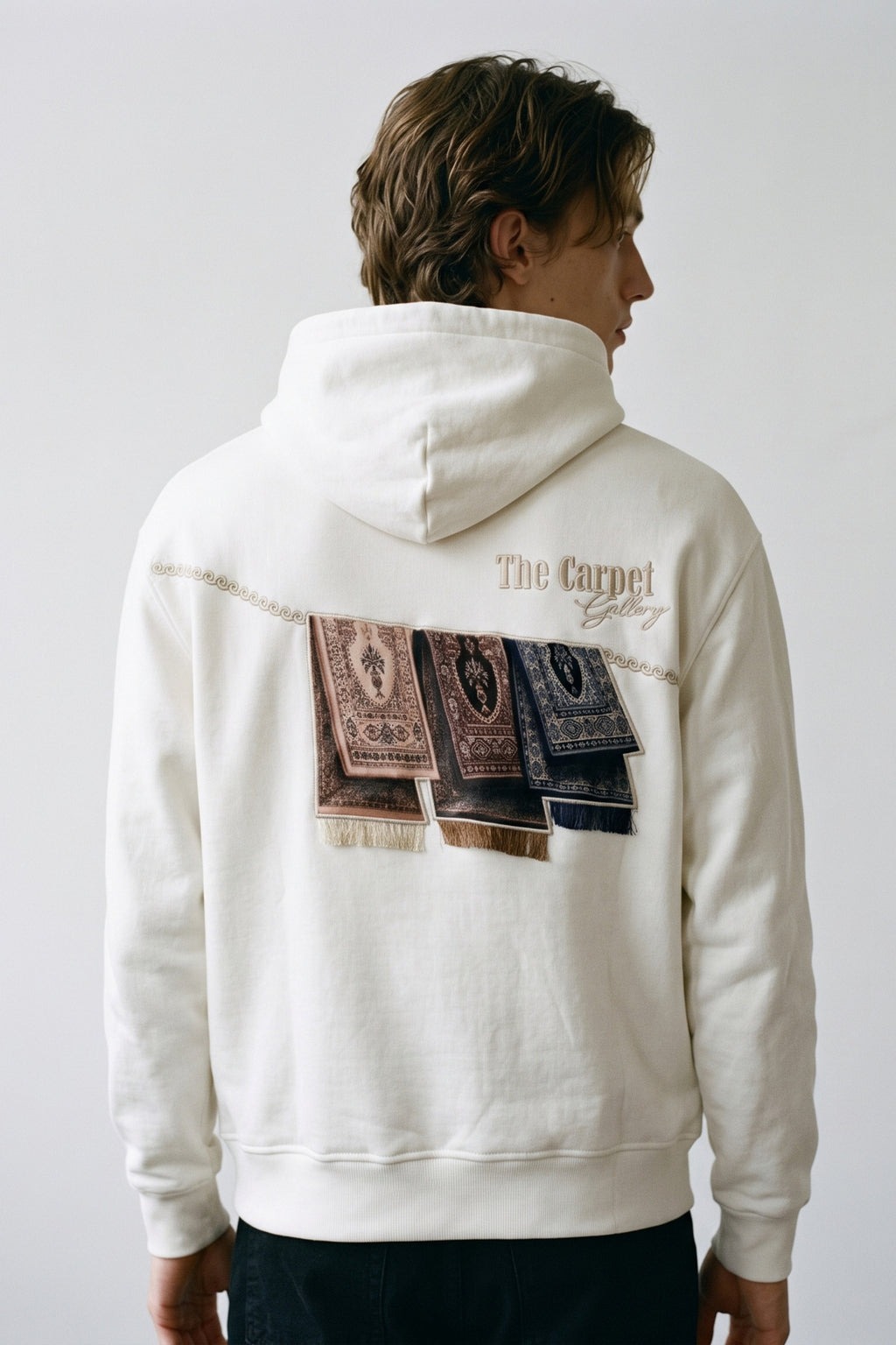 Erkek Carpet Patch Detaylı Oversize Hoodie - beyaz