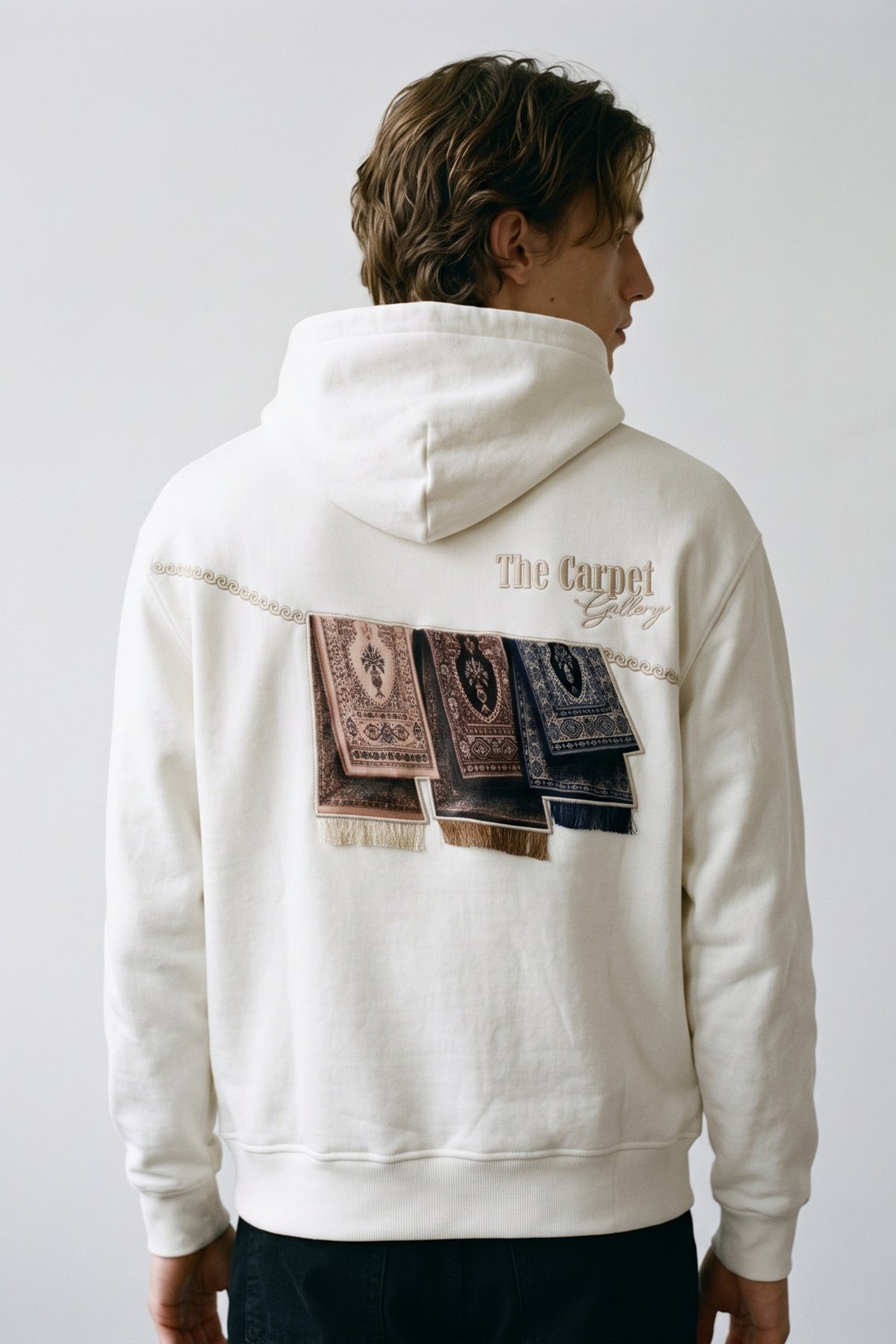 Erkek Carpet Patch Detaylı Oversize Hoodie - beyaz