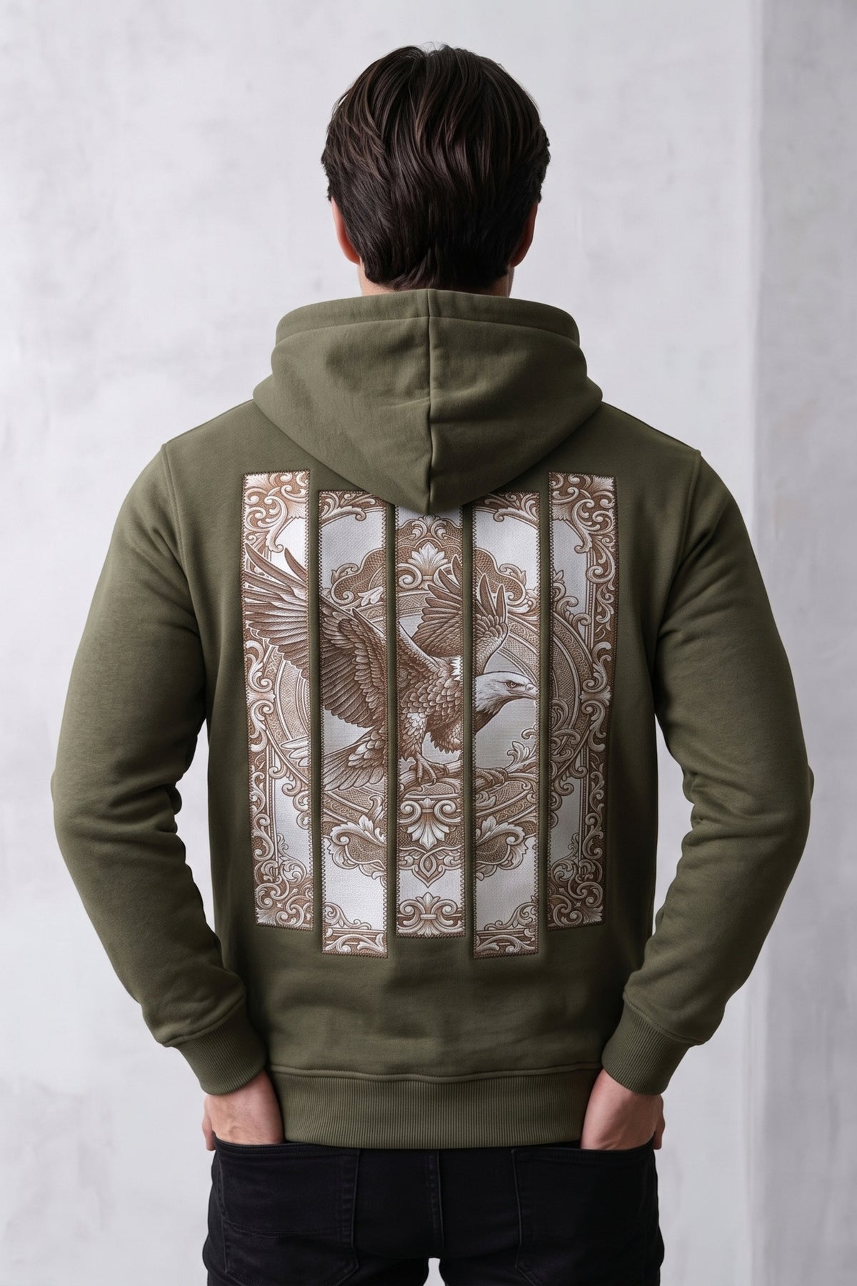 Patchwork Nakışlı Erkek Sweatshirt - haki
