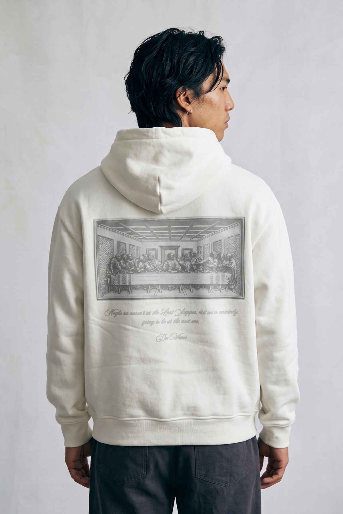 Erkek Da Vinci Baskılı Kapüşonlu Oversize Sweatshirt - beyaz