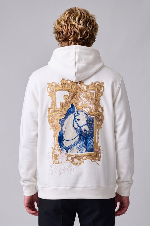 Atın Asaleti Erkek Nakış Kadife ve Kabartma Baskılı Şardonlu Kapüşonlu Sweatshirt - beyaz