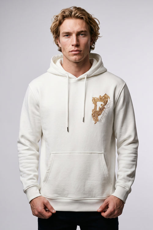 Atın Asaleti Erkek Nakış Kadife ve Kabartma Baskılı Şardonlu Kapüşonlu Sweatshirt - beyaz