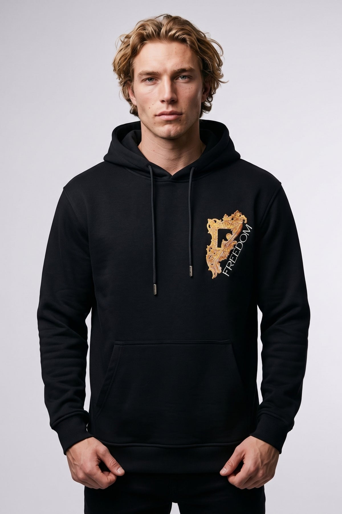 Atın Asaleti Erkek Nakış Kadife ve Kabartma Baskılı Şardonlu Kapüşonlu Sweatshirt - siyah