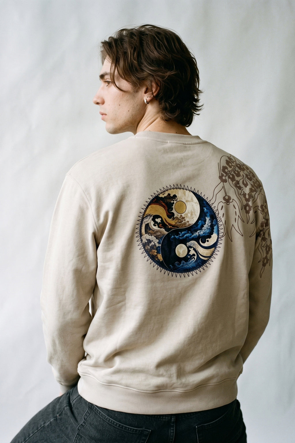 Erkek Kadife Baskılı Sweatshirt - krem
