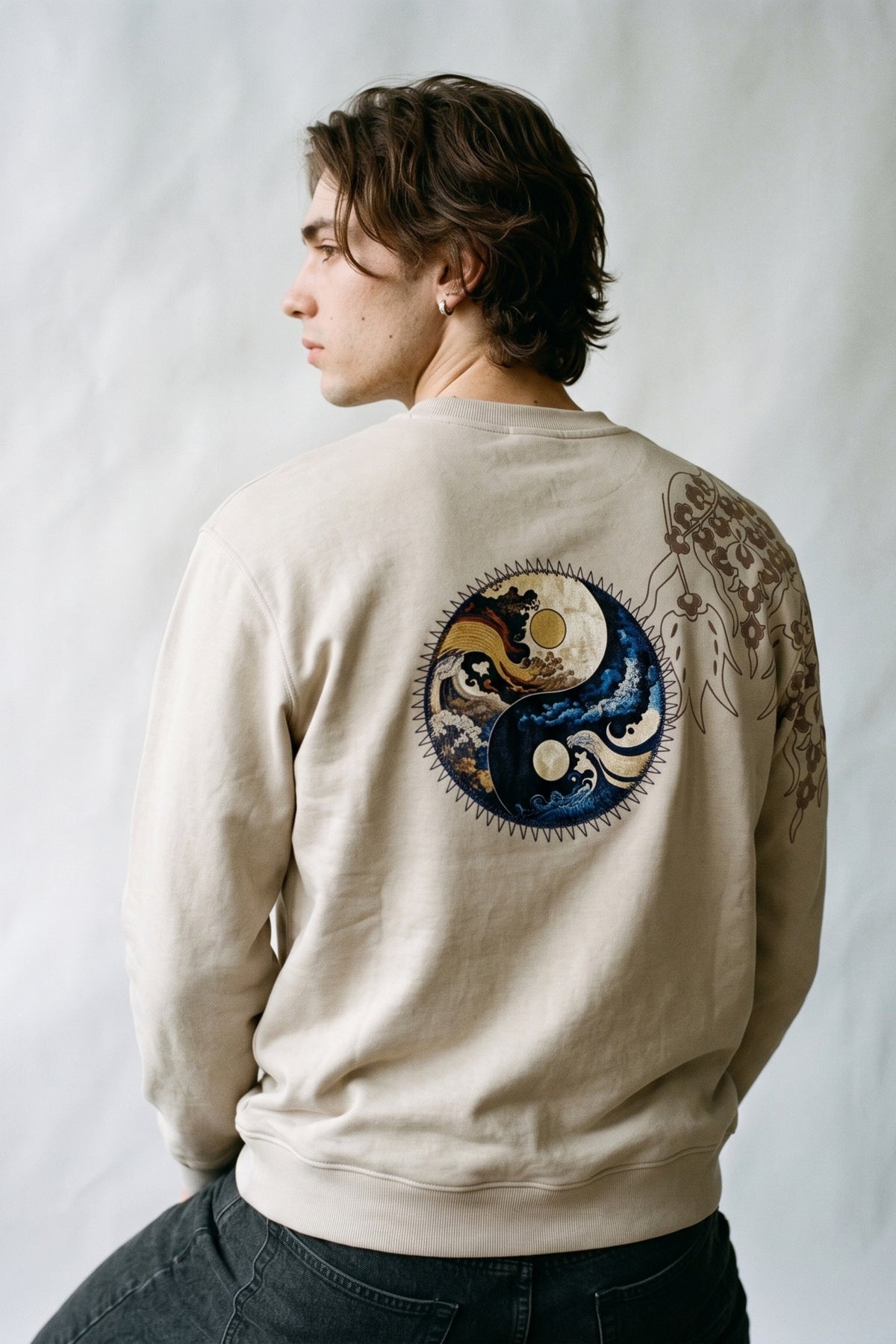 Erkek Kadife Baskılı Sweatshirt - krem