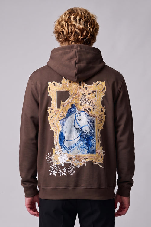 Atın Asaleti Erkek Nakış Kadife ve Kabartma Baskılı Şardonlu Kapüşonlu Sweatshirt - kahverengi