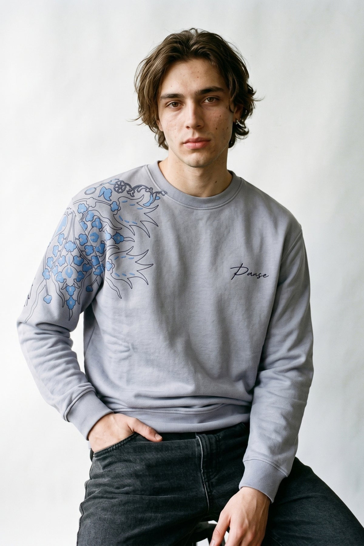 Erkek Kadife Baskılı Sweatshirt - gri