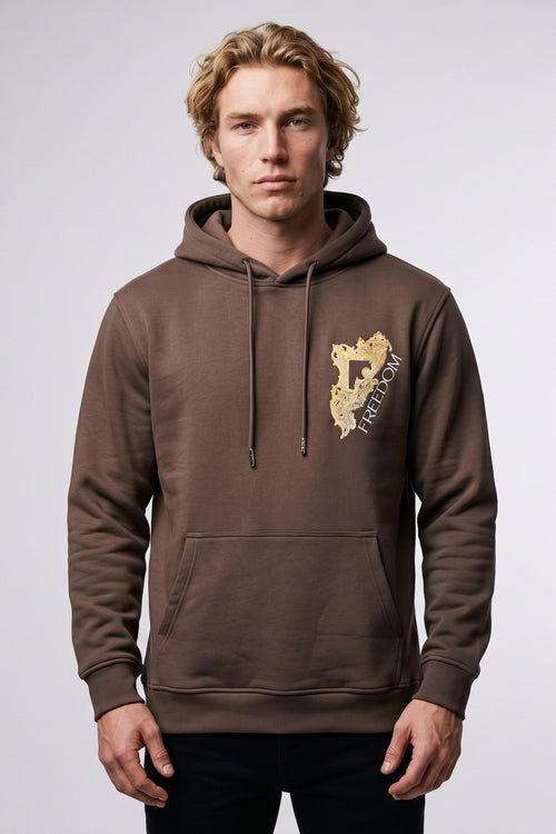 Atın Asaleti Erkek Nakış Kadife ve Kabartma Baskılı Şardonlu Kapüşonlu Sweatshirt - kahverengi