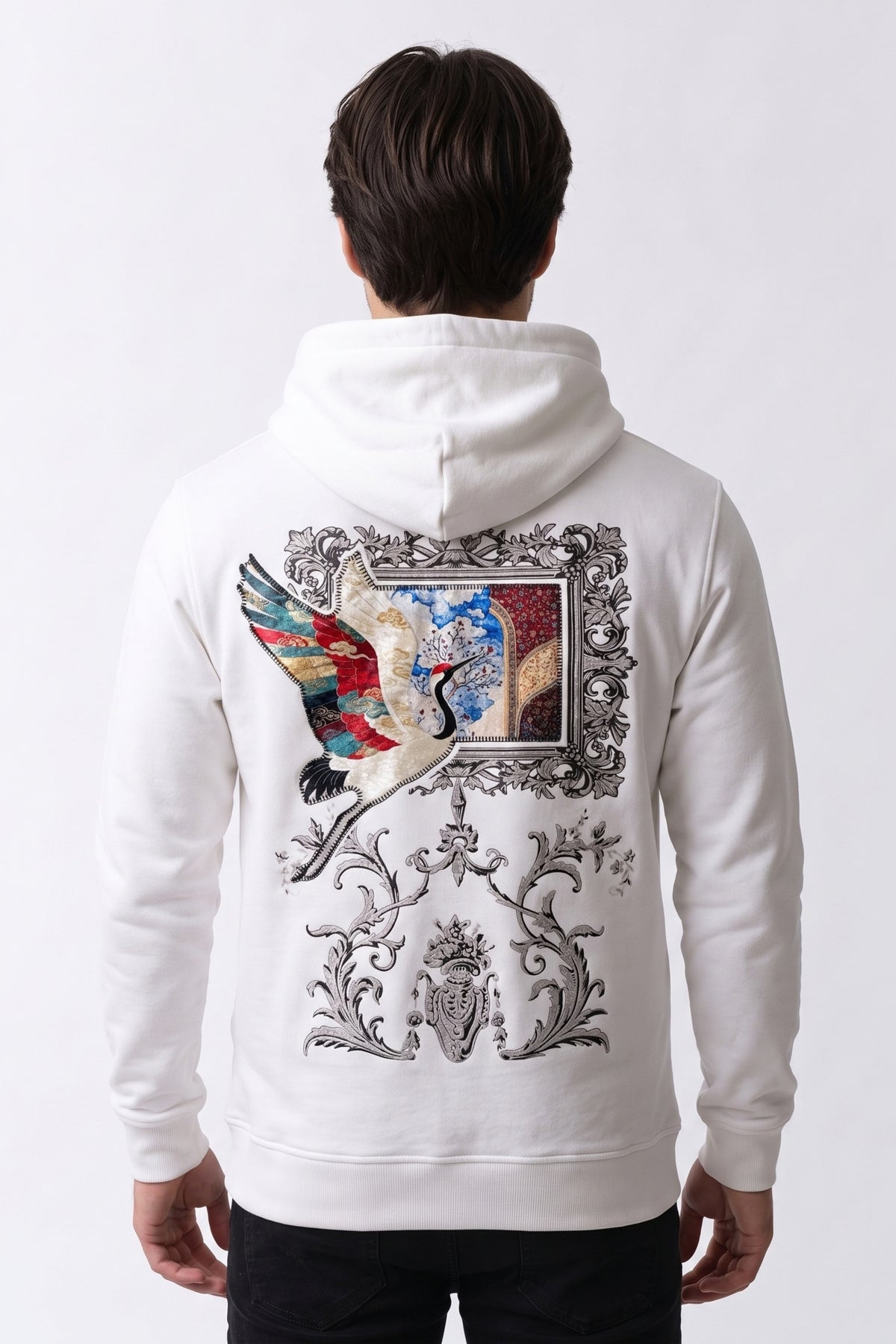 Nakış ve Kadife Baskılı Erkek Sweatshirt - beyaz