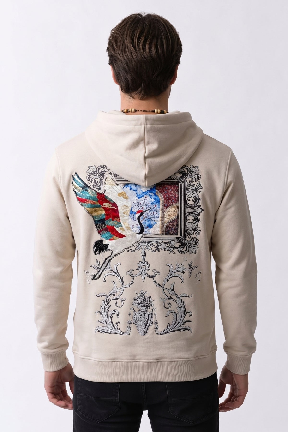 Nakış ve Kadife Baskılı Erkek Sweatshirt - krem