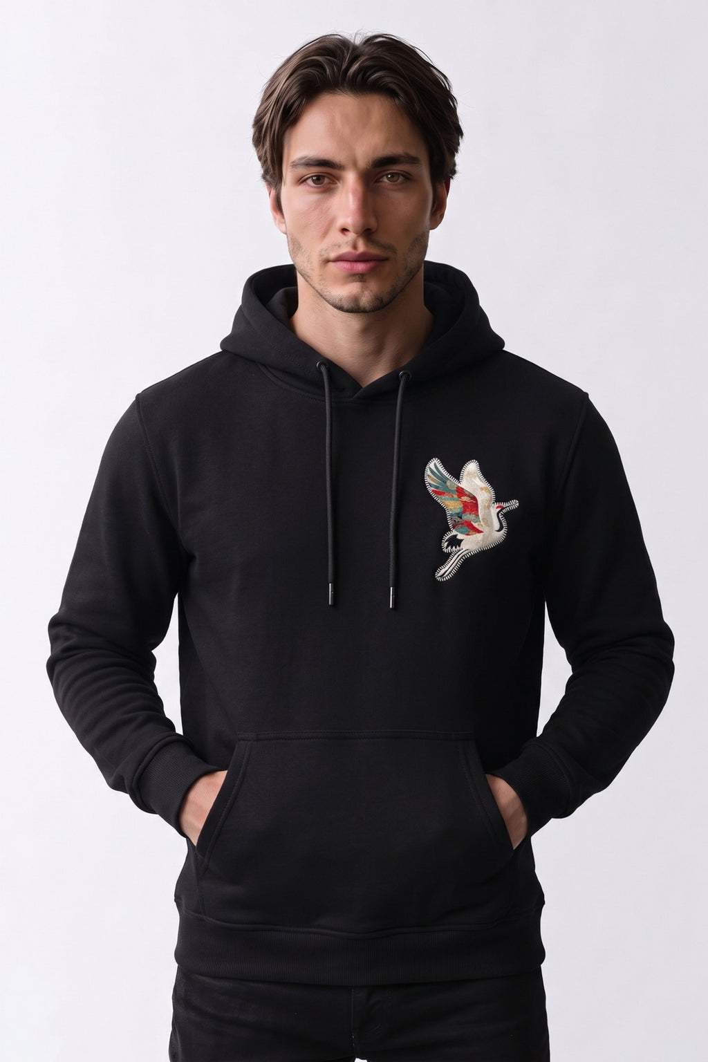 Nakış ve Kadife Baskılı Erkek Sweatshirt - siyah