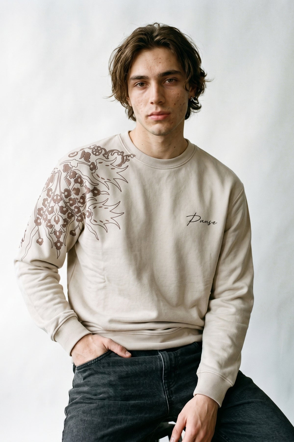 Erkek Kadife Baskılı Sweatshirt - krem