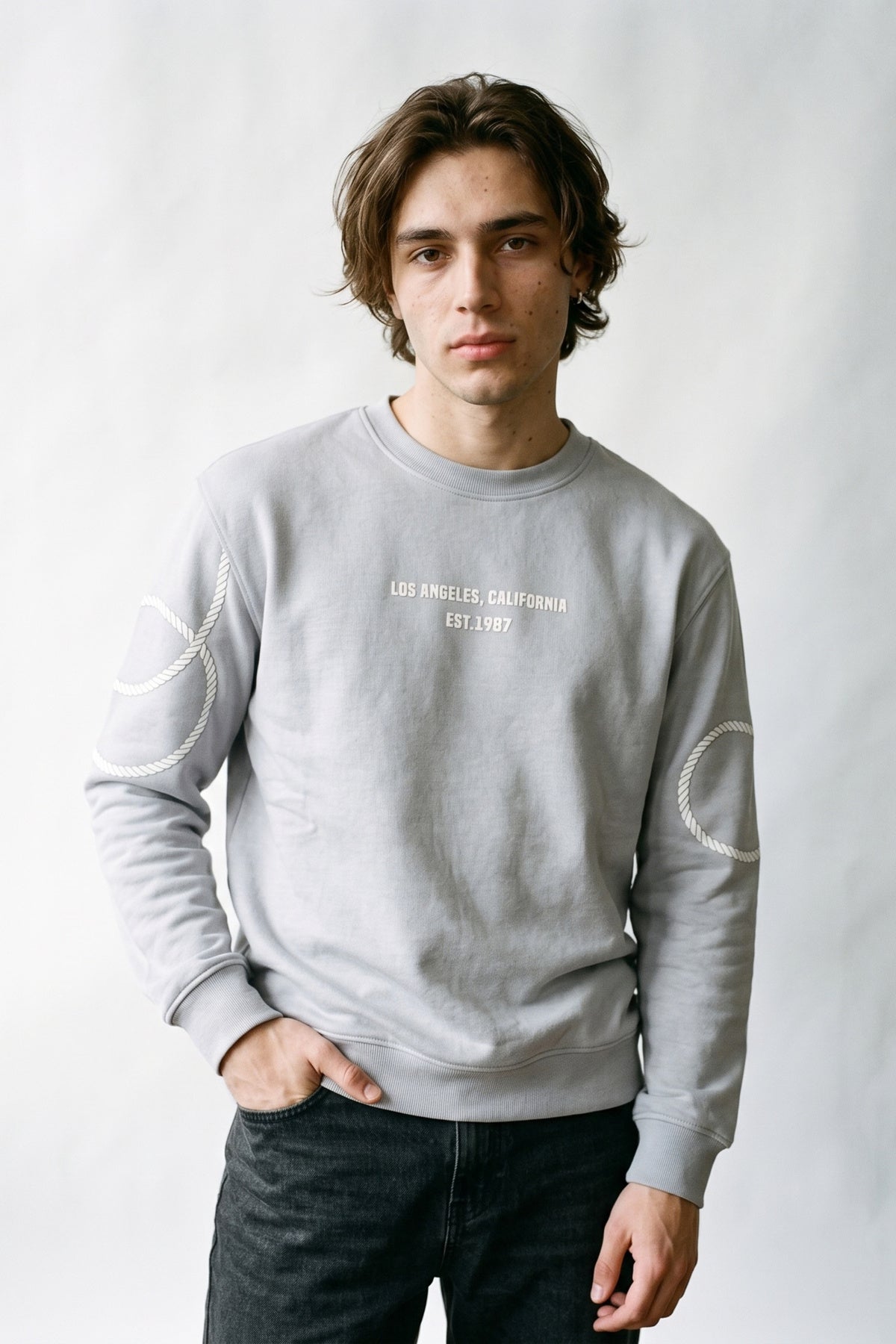 Erkek Kabartma Baskılı Sweatshirt - gri