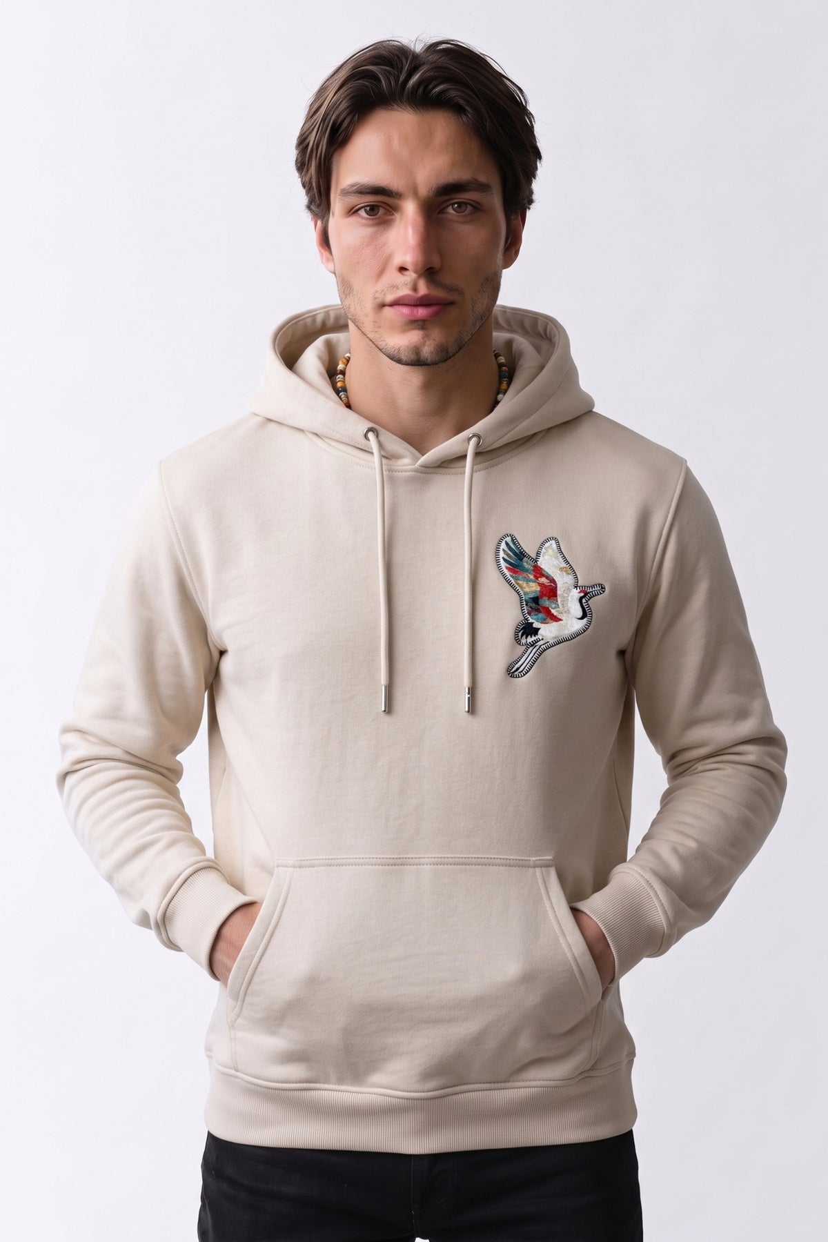 Nakış ve Kadife Baskılı Erkek Sweatshirt - krem