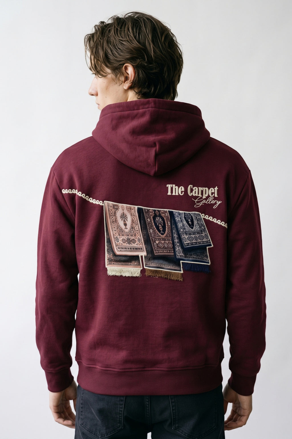 Erkek Carpet Patch Detaylı Oversize Hoodie - bordo