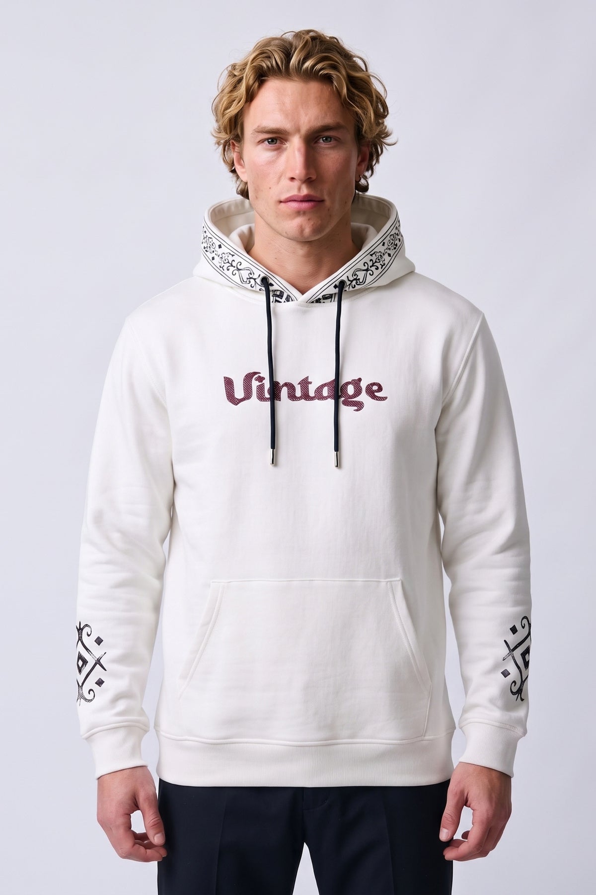 Vintage Pamuk Şardonlu Erkek Sweatshirt - beyaz