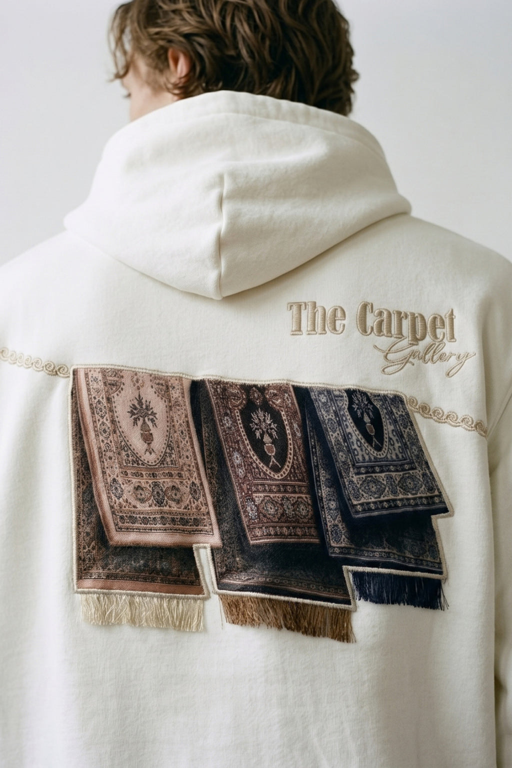 Erkek Carpet Patch Detaylı Oversize Hoodie - beyaz