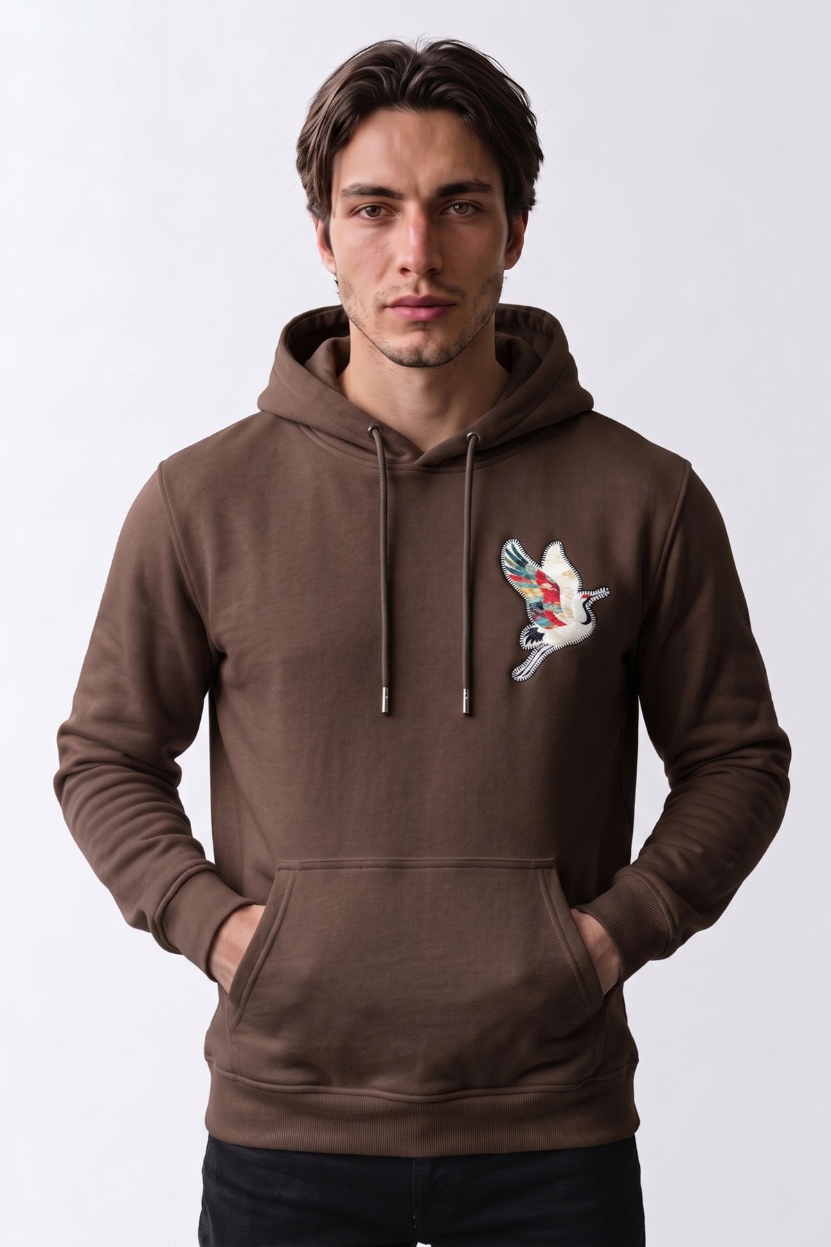 Nakış ve Kadife Baskılı Erkek Sweatshirt - kahverengi