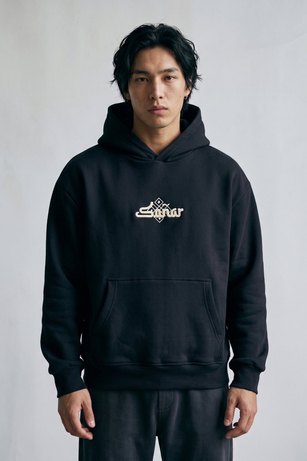 Erkek Sonar Nakışlı Oversize Sweatshirt - siyah