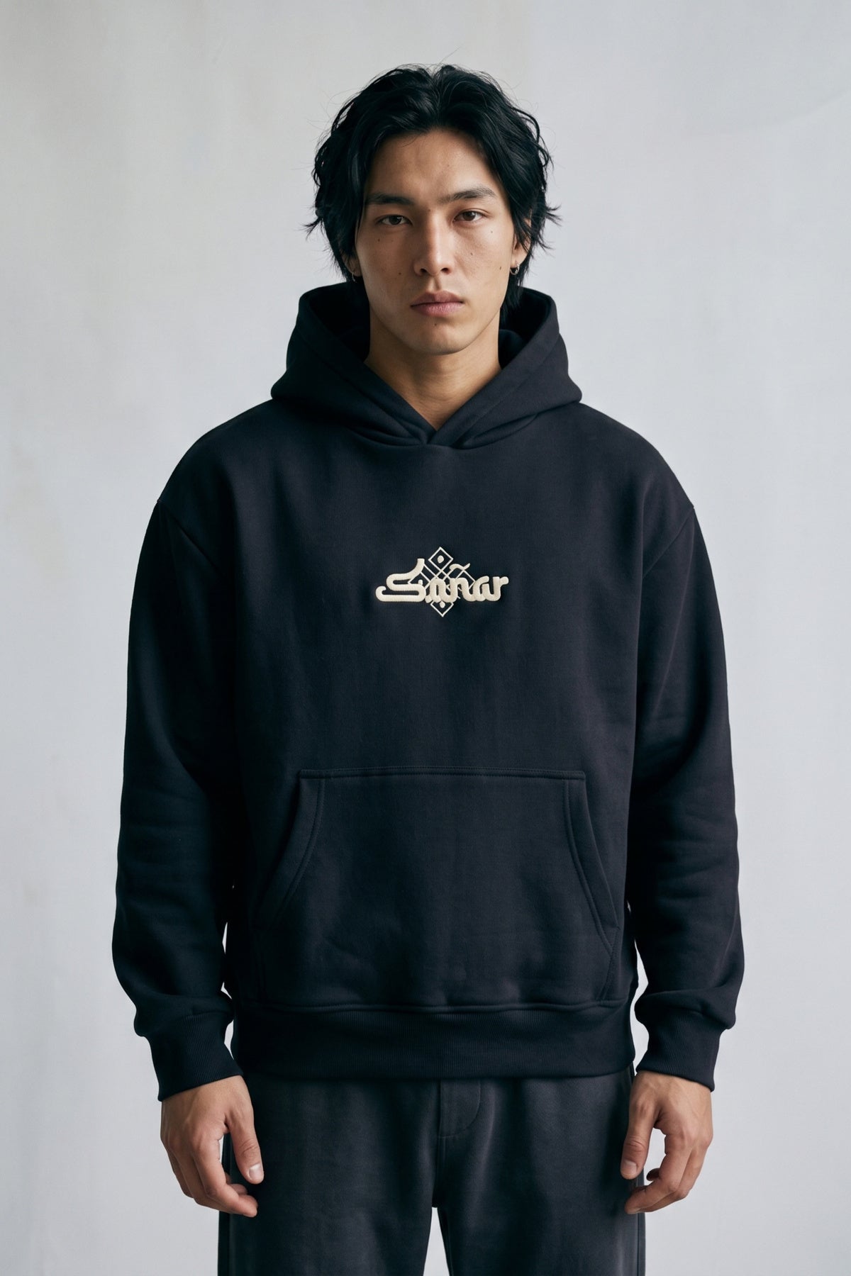 Erkek Sonar Nakışlı Oversize Sweatshirt - siyah