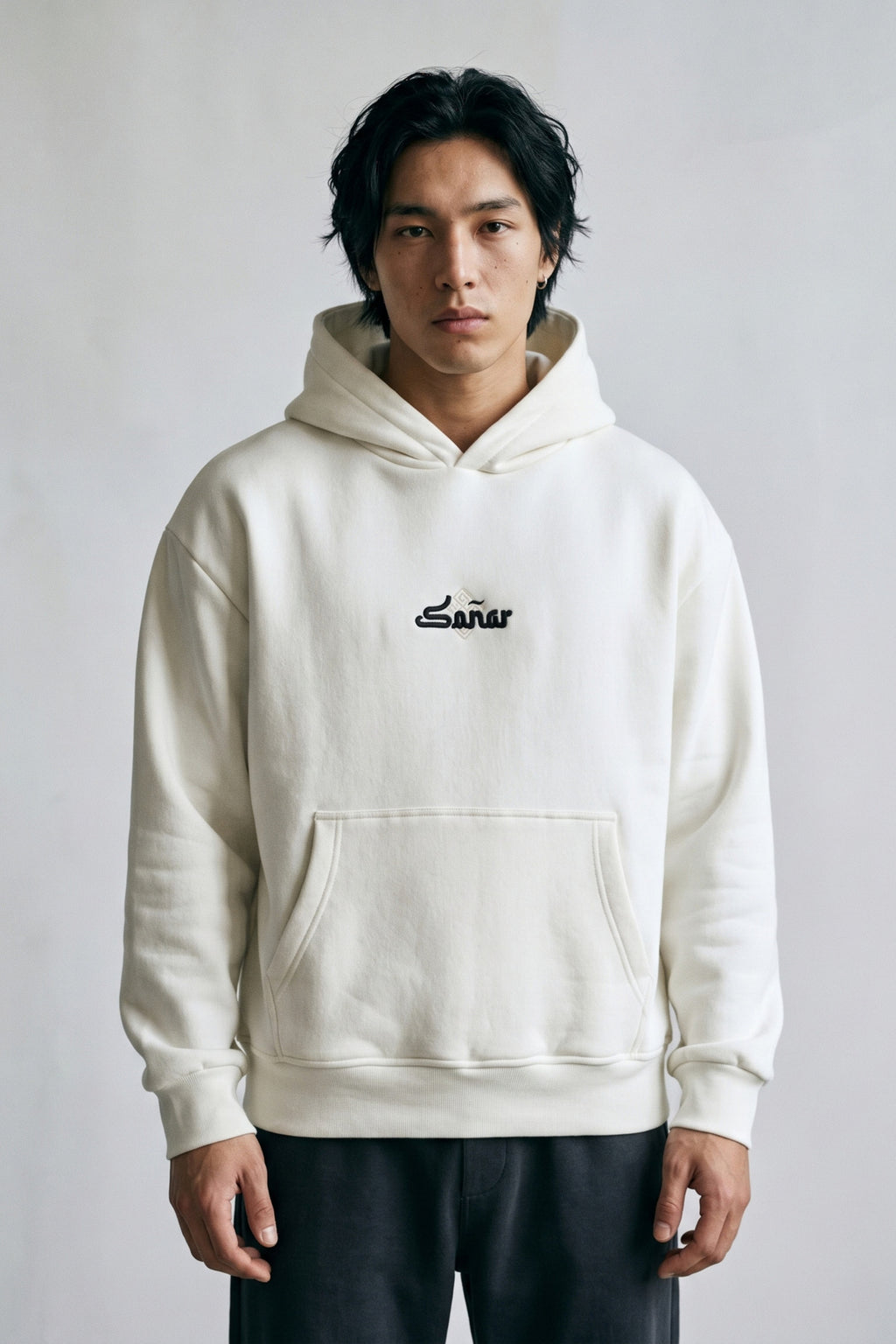 Erkek Sonar Nakışlı Oversize Sweatshirt - beyaz