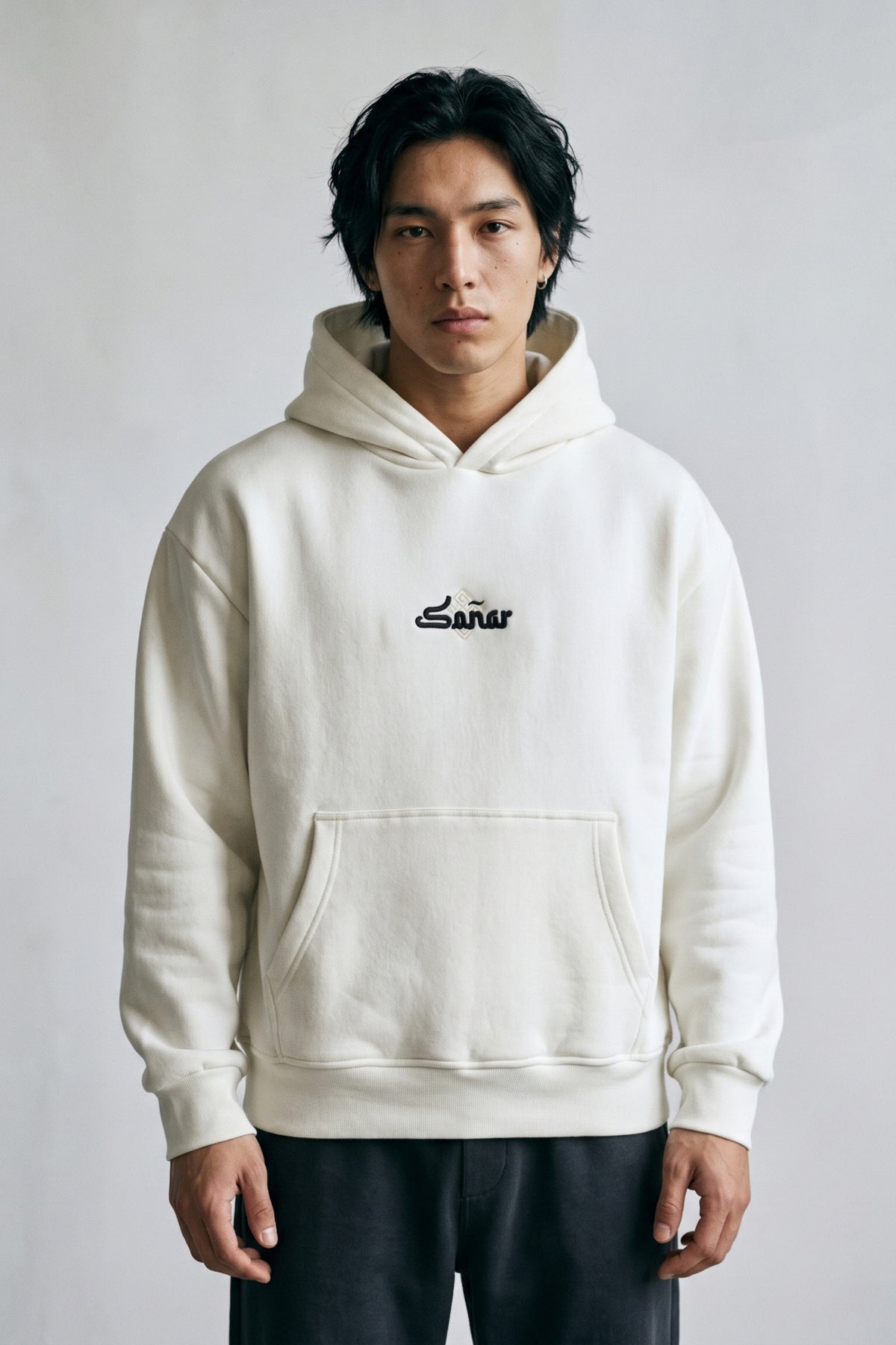 Erkek Sonar Nakışlı Oversize Sweatshirt - beyaz