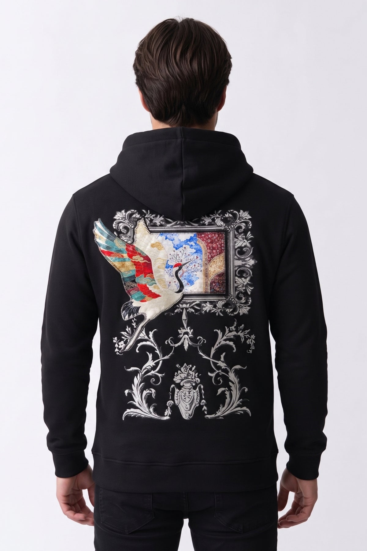 Nakış ve Kadife Baskılı Erkek Sweatshirt - siyah