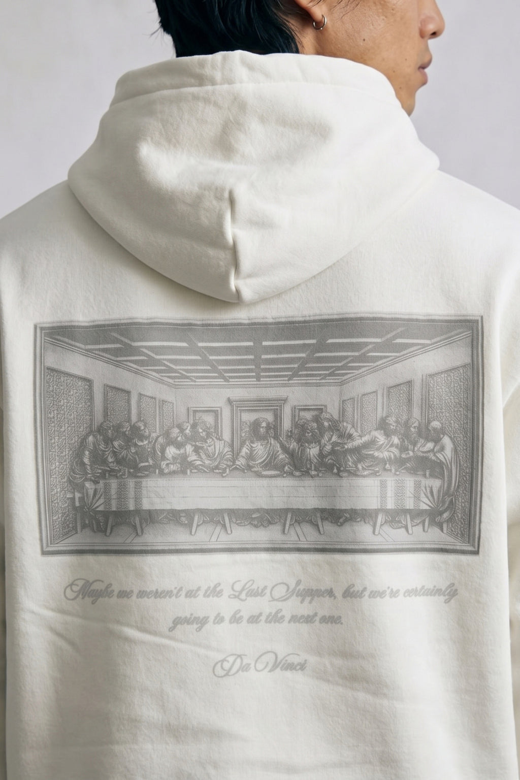 Erkek Da Vinci Baskılı Kapüşonlu Oversize Sweatshirt - beyaz
