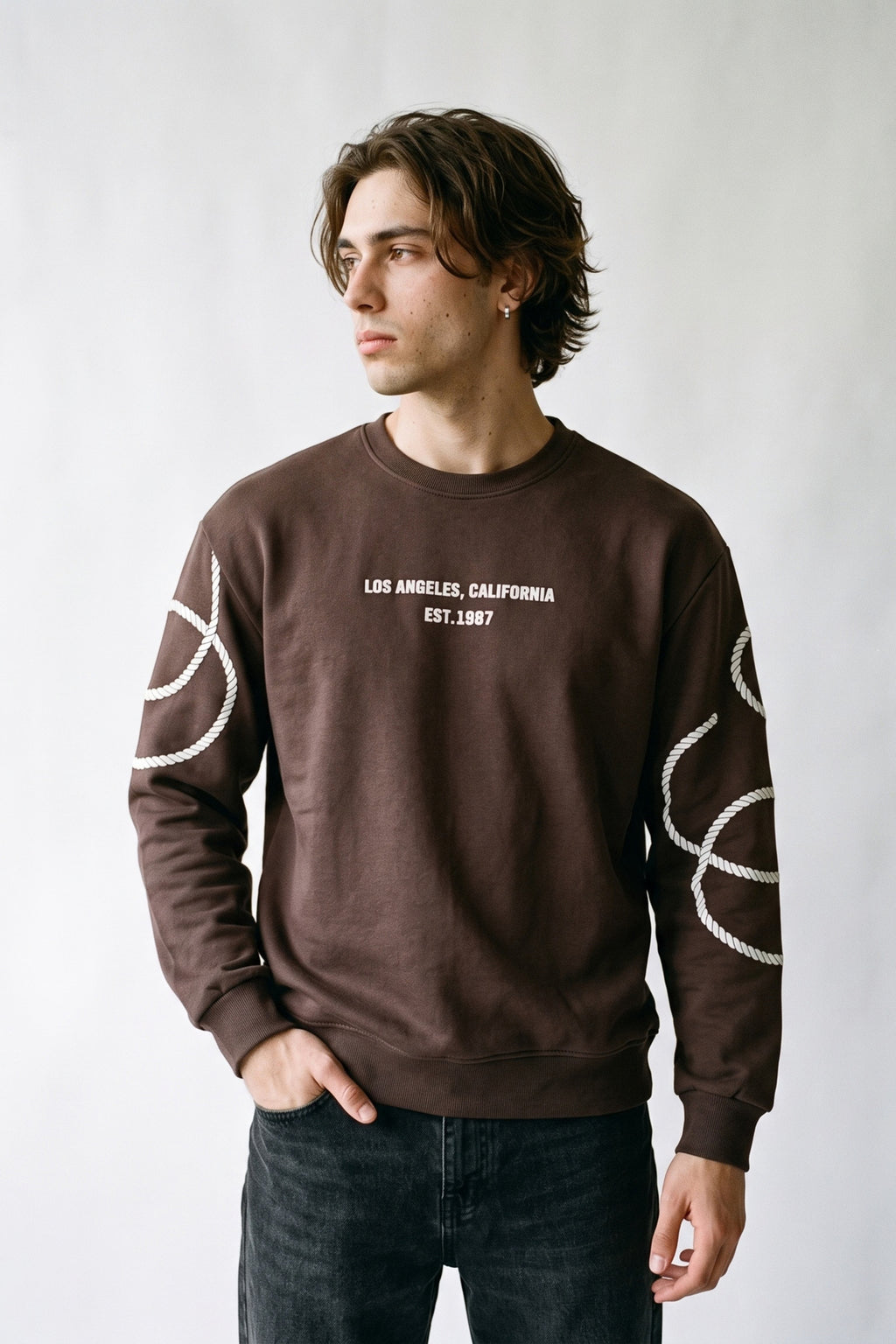 Erkek Kabartma Baskılı Sweatshirt - kahverengi