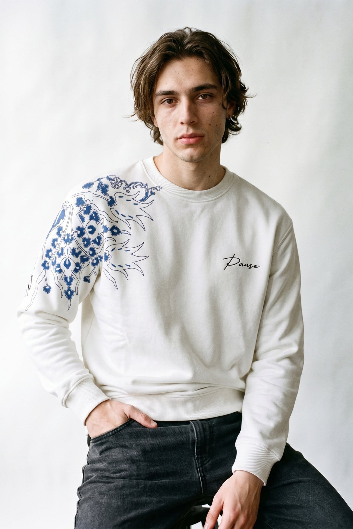 Erkek Kadife Baskılı Sweatshirt - beyaz